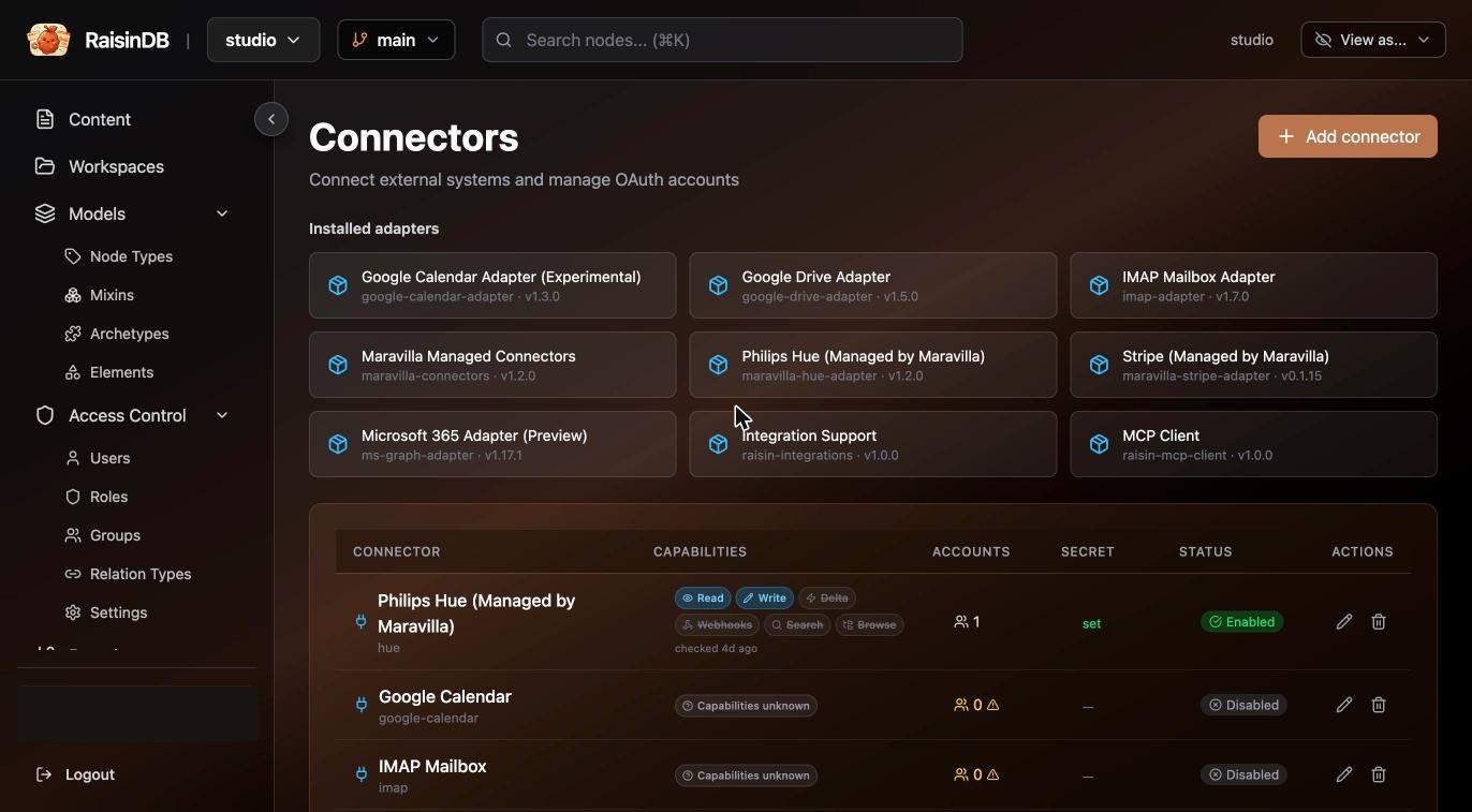 The admin console's Connectors page: installed adapters including Microsoft 365, Google Drive, IMAP, Philips Hue and Stripe, and the connector list with a Philips Hue row showing read and write capabilities, one connected account and Enabled status