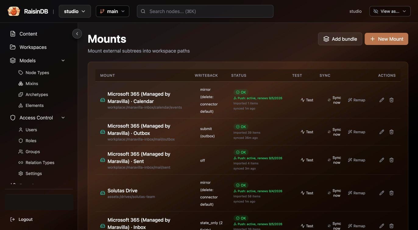 The admin console's Mounts page listing Microsoft 365 calendar, outbox, sent and inbox mounts and a OneDrive mount, each with its write mode, sync status, item count and Test, Sync now and Remap actions