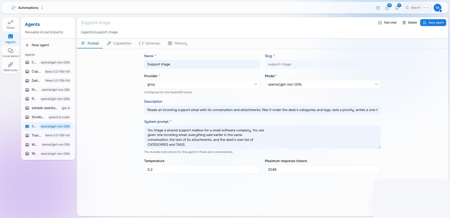 The agent editor with provider, model, description and system prompt