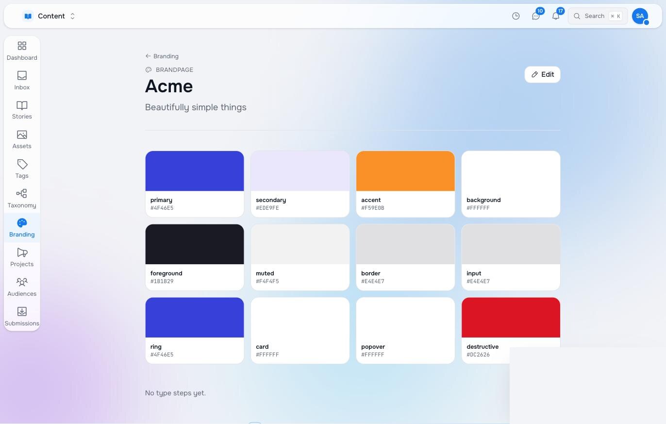 The Acme brand kit in Studio: colour tokens primary, secondary, accent, background, foreground, muted, border and more