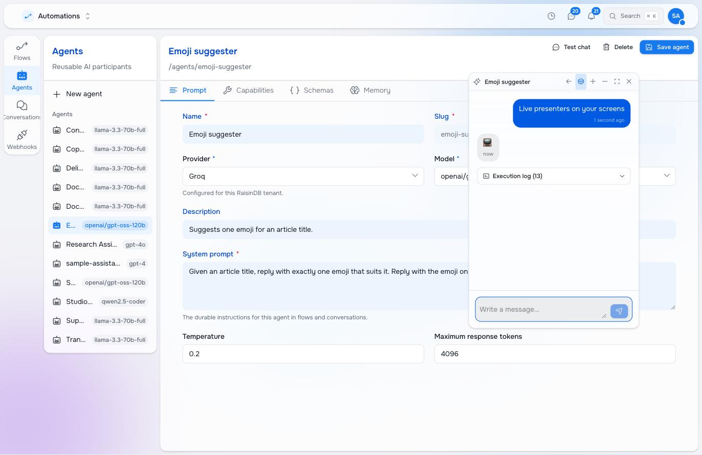 The created Emoji suggester agent open in the agent editor, answering a test chat with a single emoji