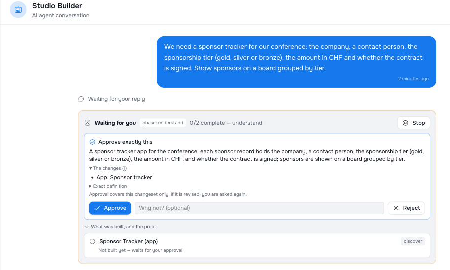 Studio Builder asking for approval of the exact changes it will make