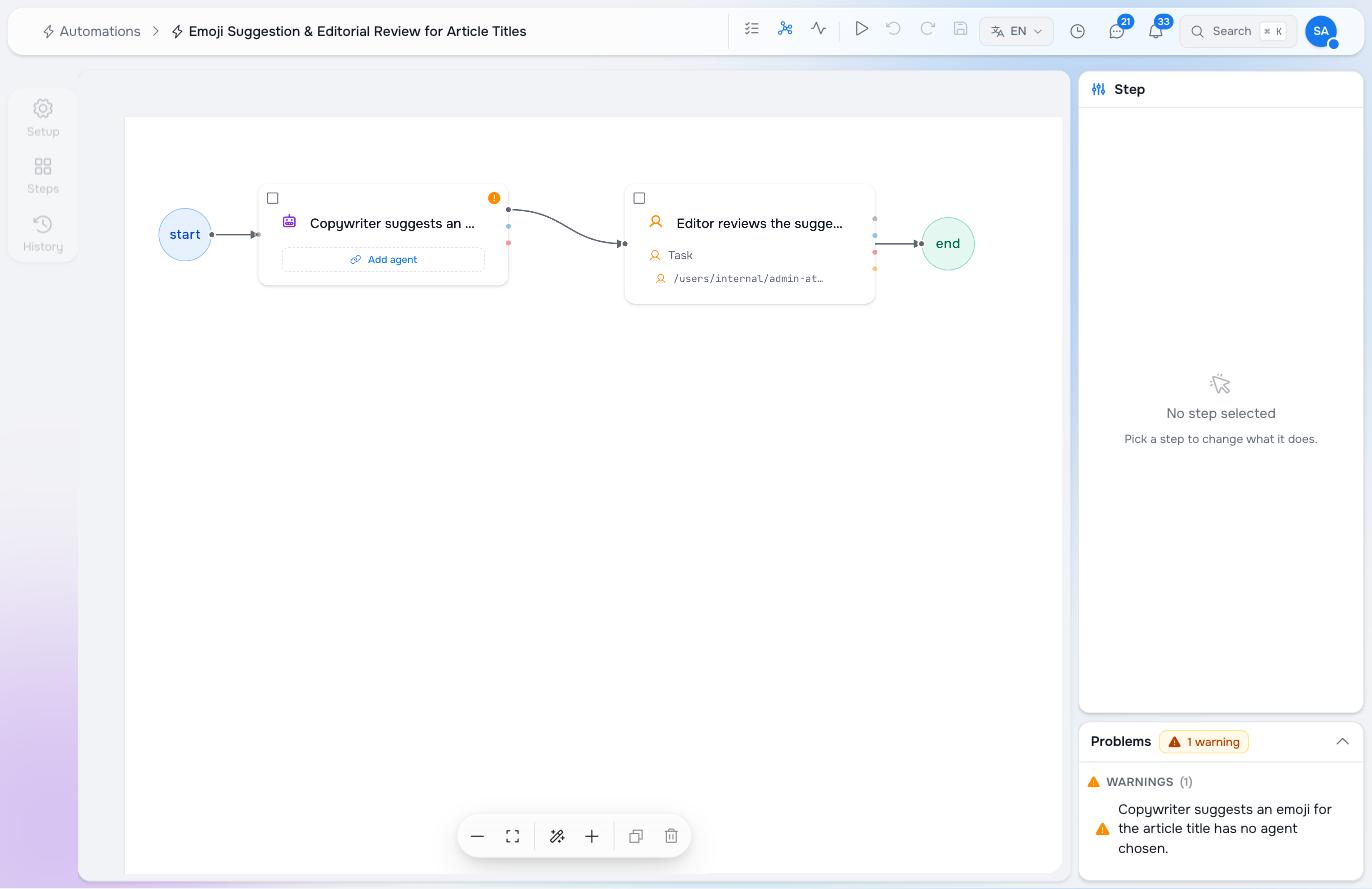 The generated flow open in the automation editor, with a Problems panel showing one warning