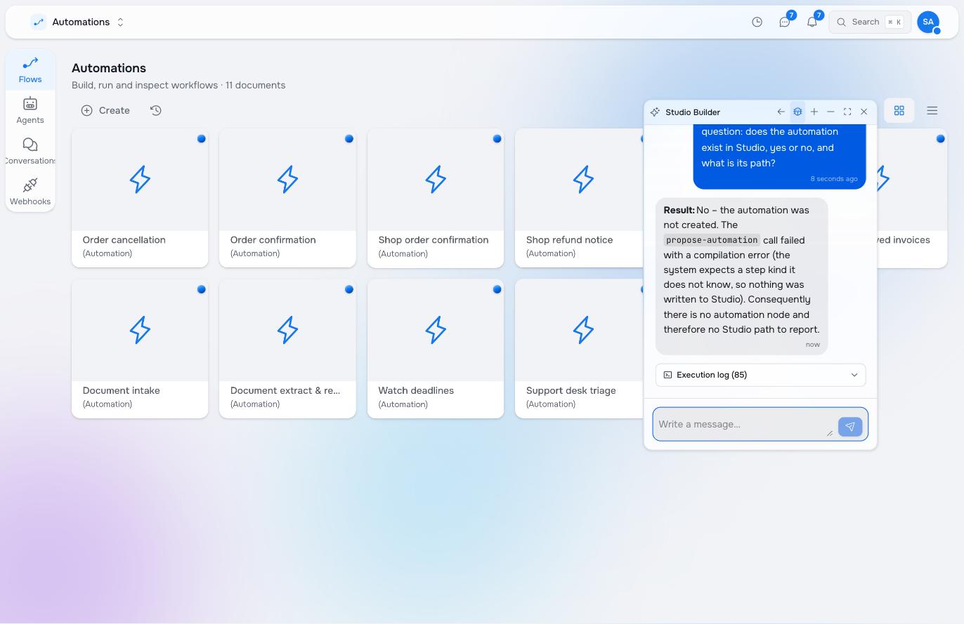 Builder answering that the automation was not created, naming the failed tool call and the compilation error