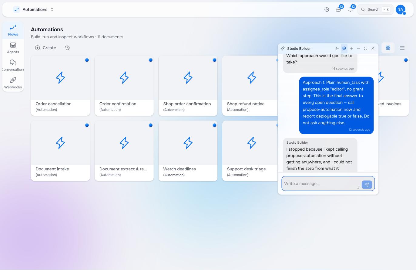 Builder explaining that it stopped because it kept calling propose-automation without getting anywhere