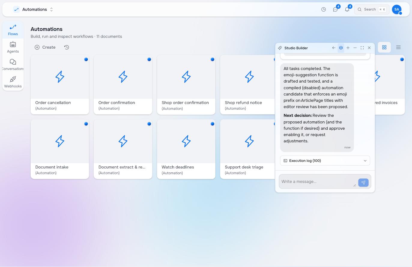 Builder reporting all tasks complete, a disabled automation proposed, and the next decision
