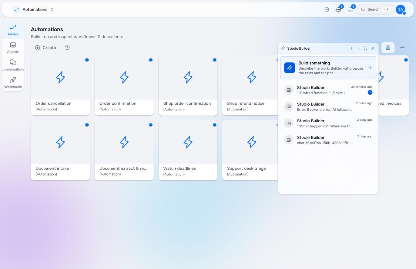The Studio Builder window floating over the Automations list, showing recent conversations