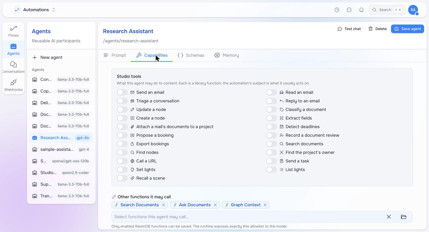 The agent editor with the retrieval tools listed under the agent's tools
