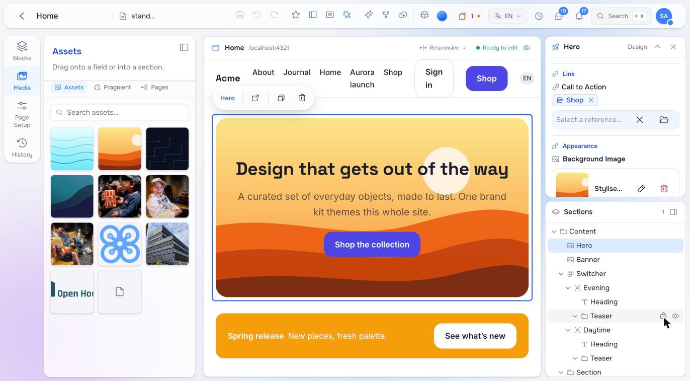 The Acme home page in the editor after an image from the Media rail was dropped on the hero: the hero now has a background image and the inspector shows it under Background Image