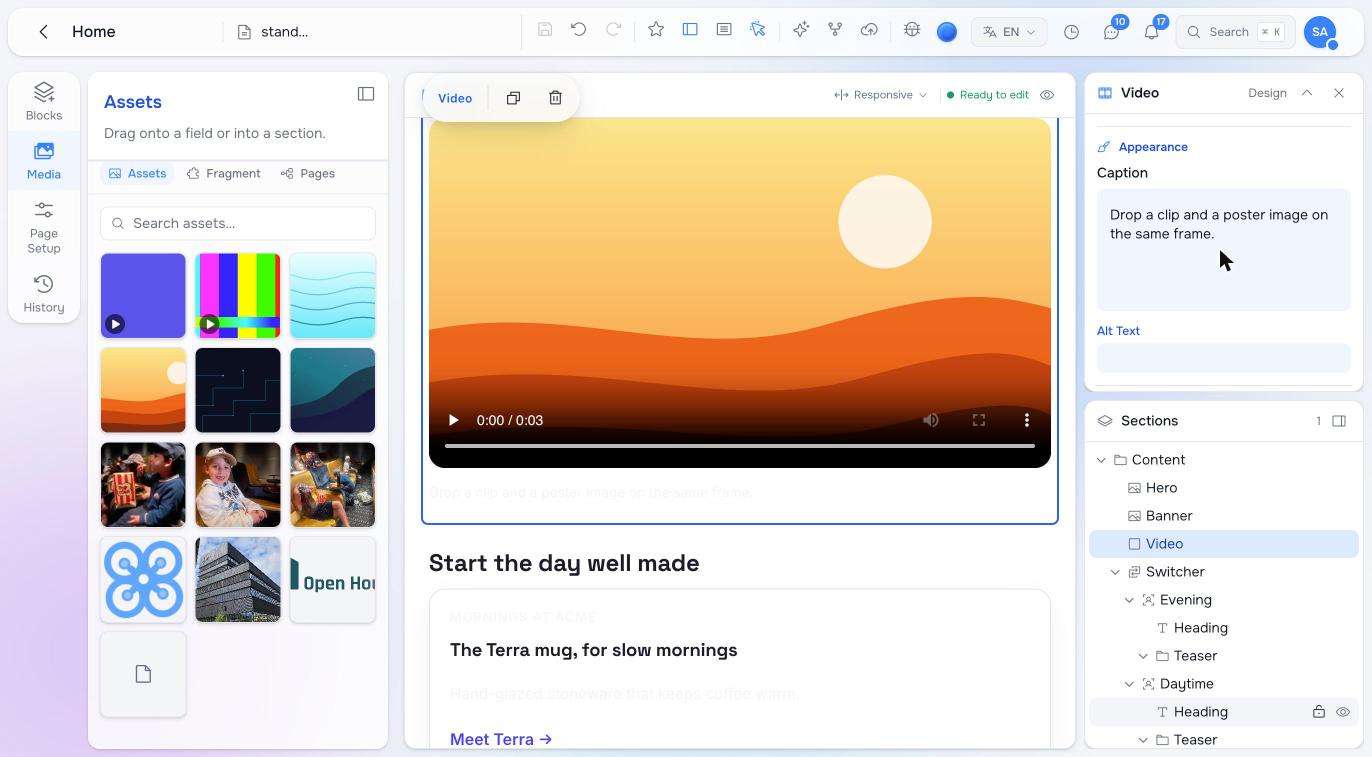 The Acme home page in the editor with a Video block selected: the player frame shows the dropped poster image over the clip, with the video controls beneath it
