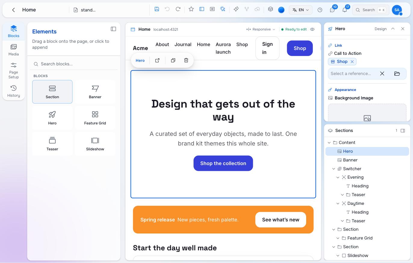 The Studio editor with the Acme site open in its preview: the Hero block selected on the real page, its fields in the inspector