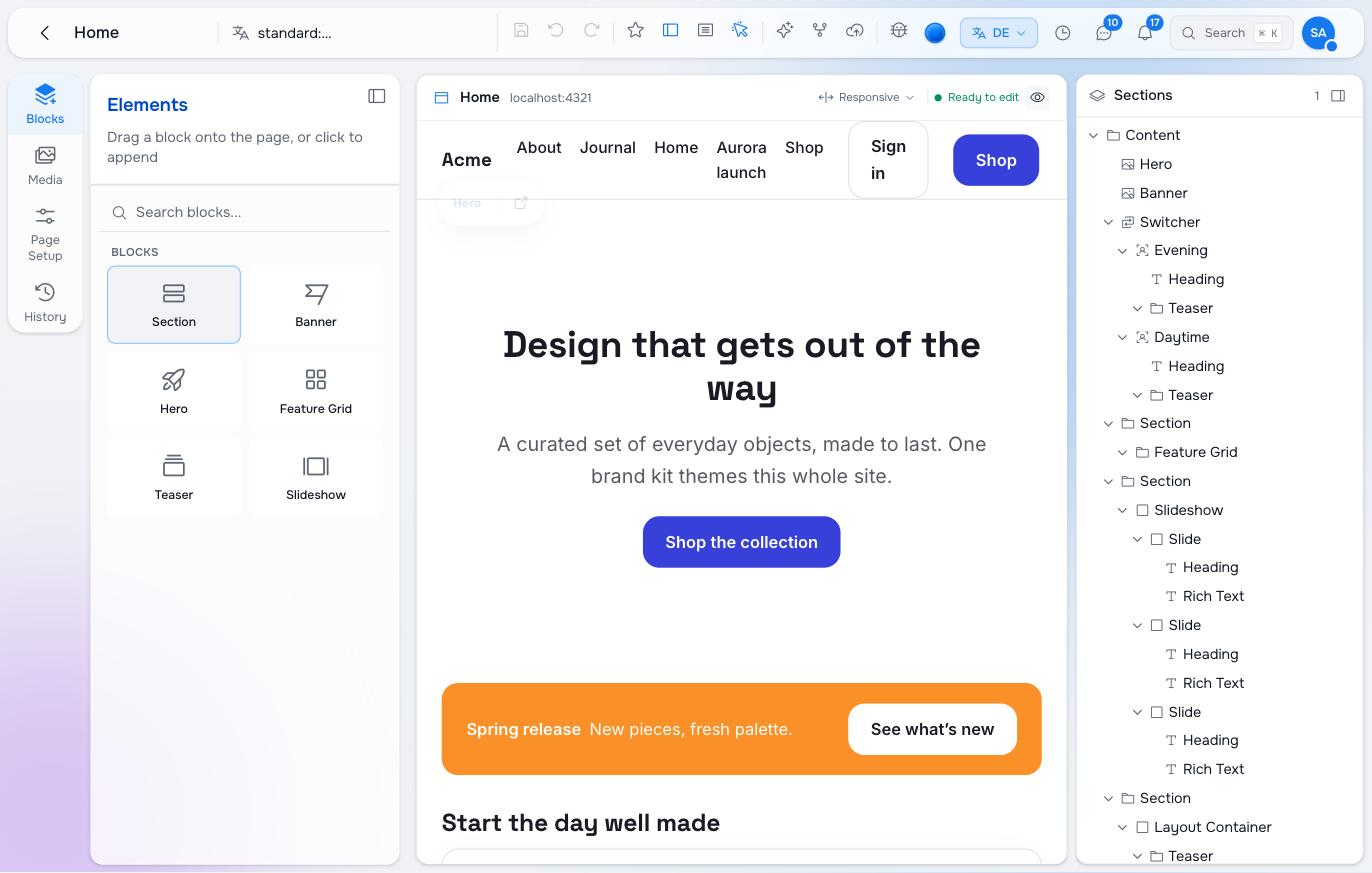 The Studio editor switched to German, previewing the site with the ?lang parameter