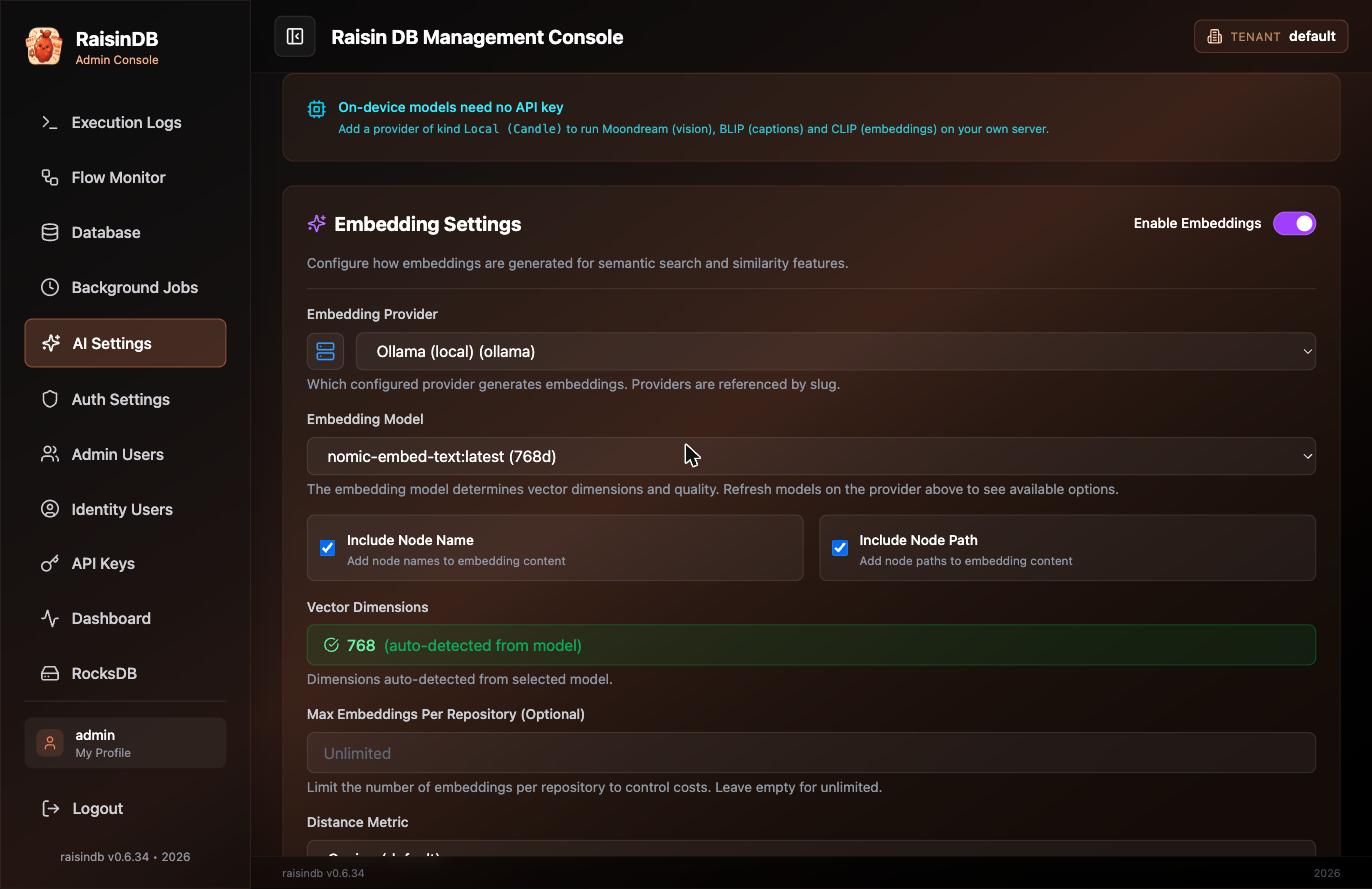 Tenant embedding settings: provider, model, dimensions and the connection test