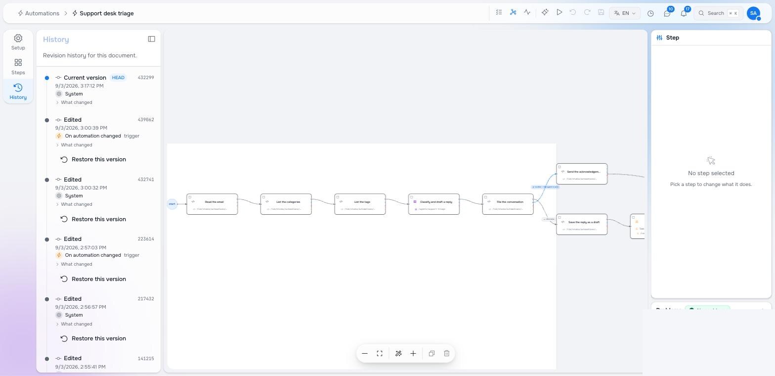 The History panel listing versions of the automation with restore buttons