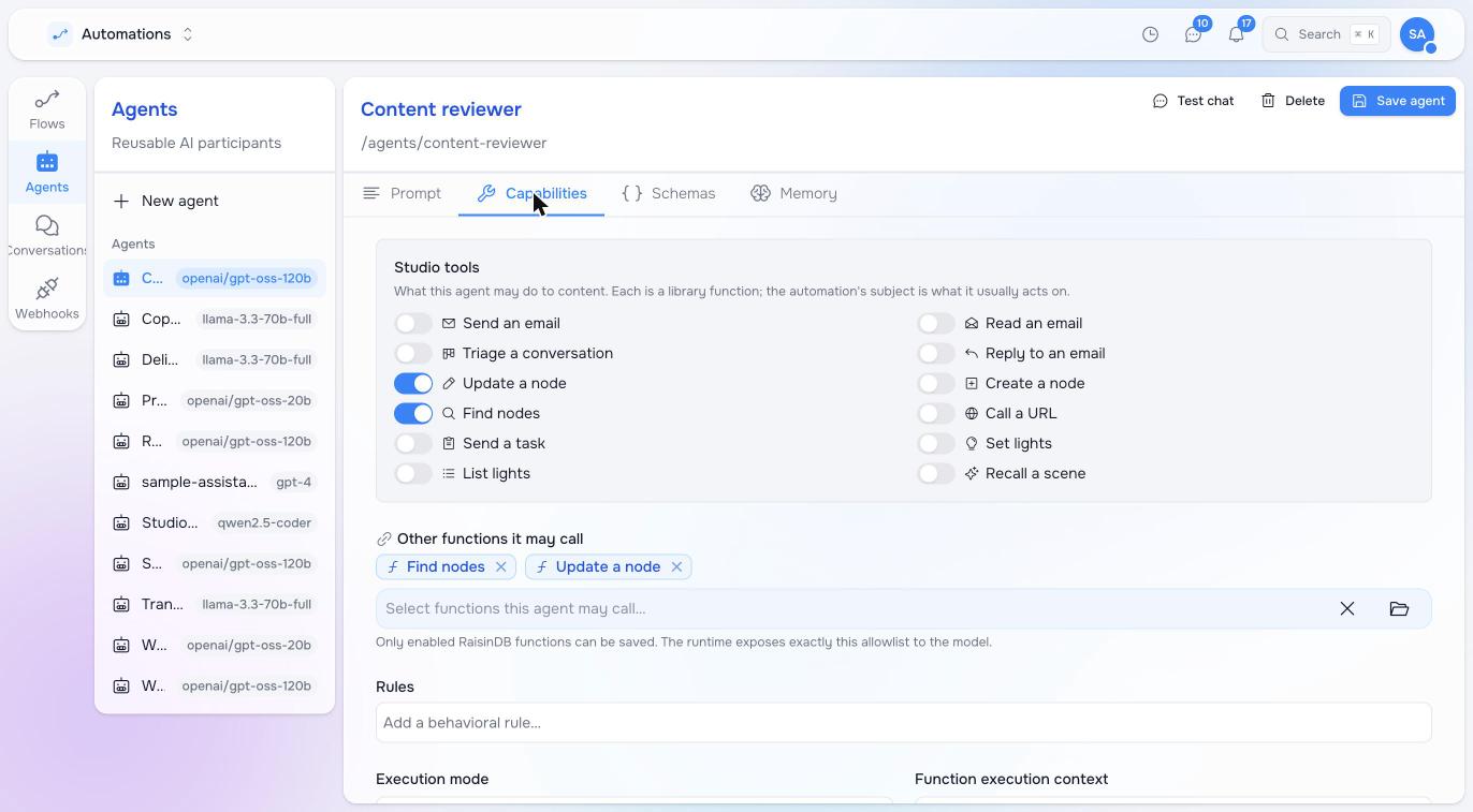 An agent's Capabilities tab with the Studio tools switches: Set lights, List lights and Recall a scene beside the mail and node tools