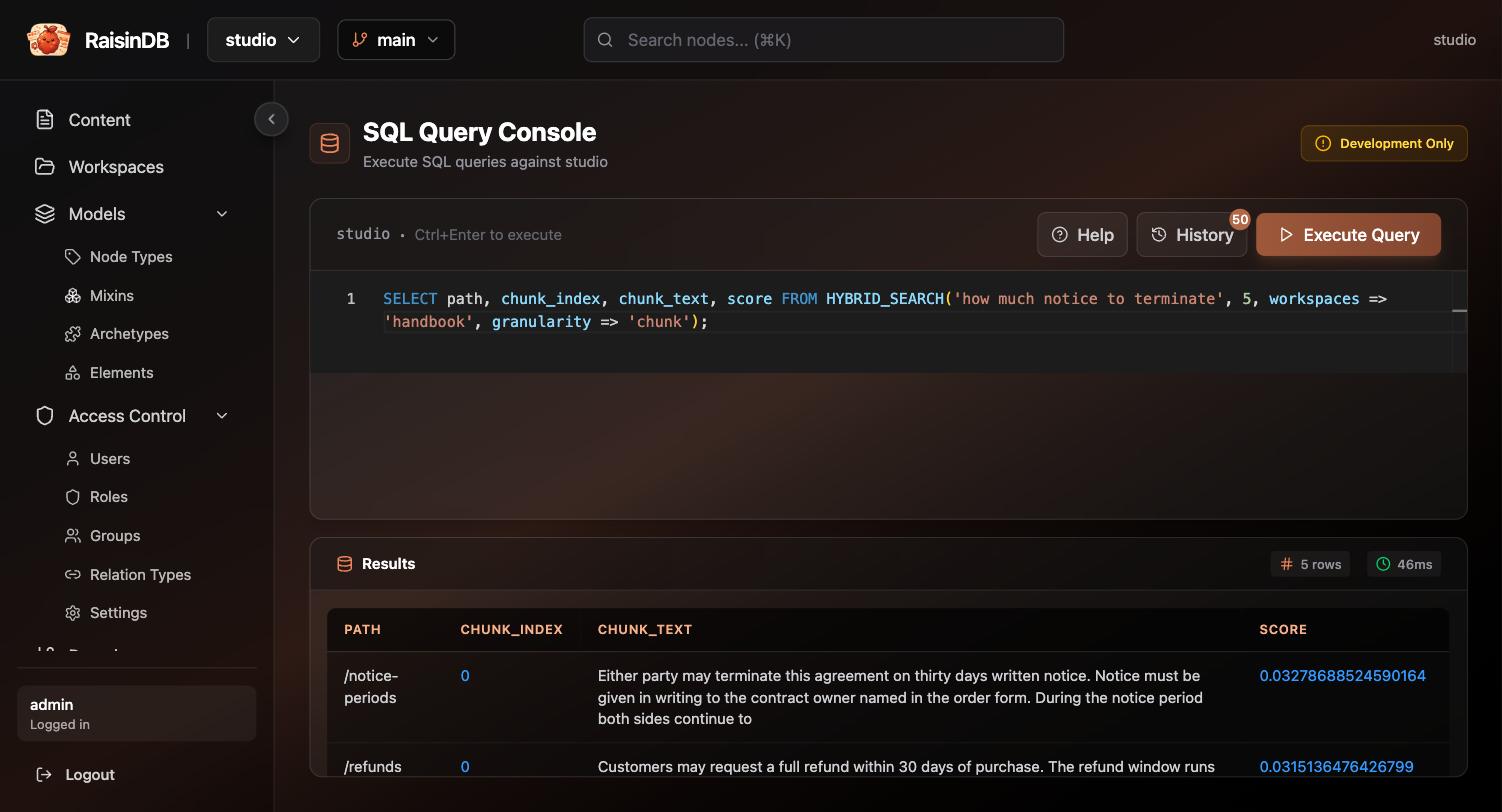 Search results at chunk granularity: each row is a passage with its chunk index and the matching text