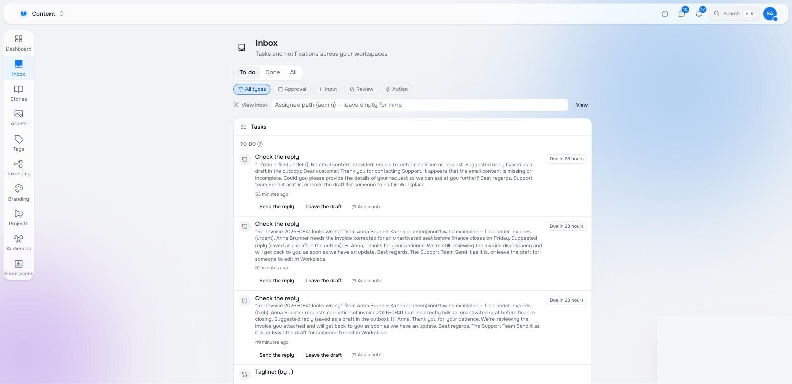Approval tasks in the Inbox with the choices Send the reply and Leave the draft