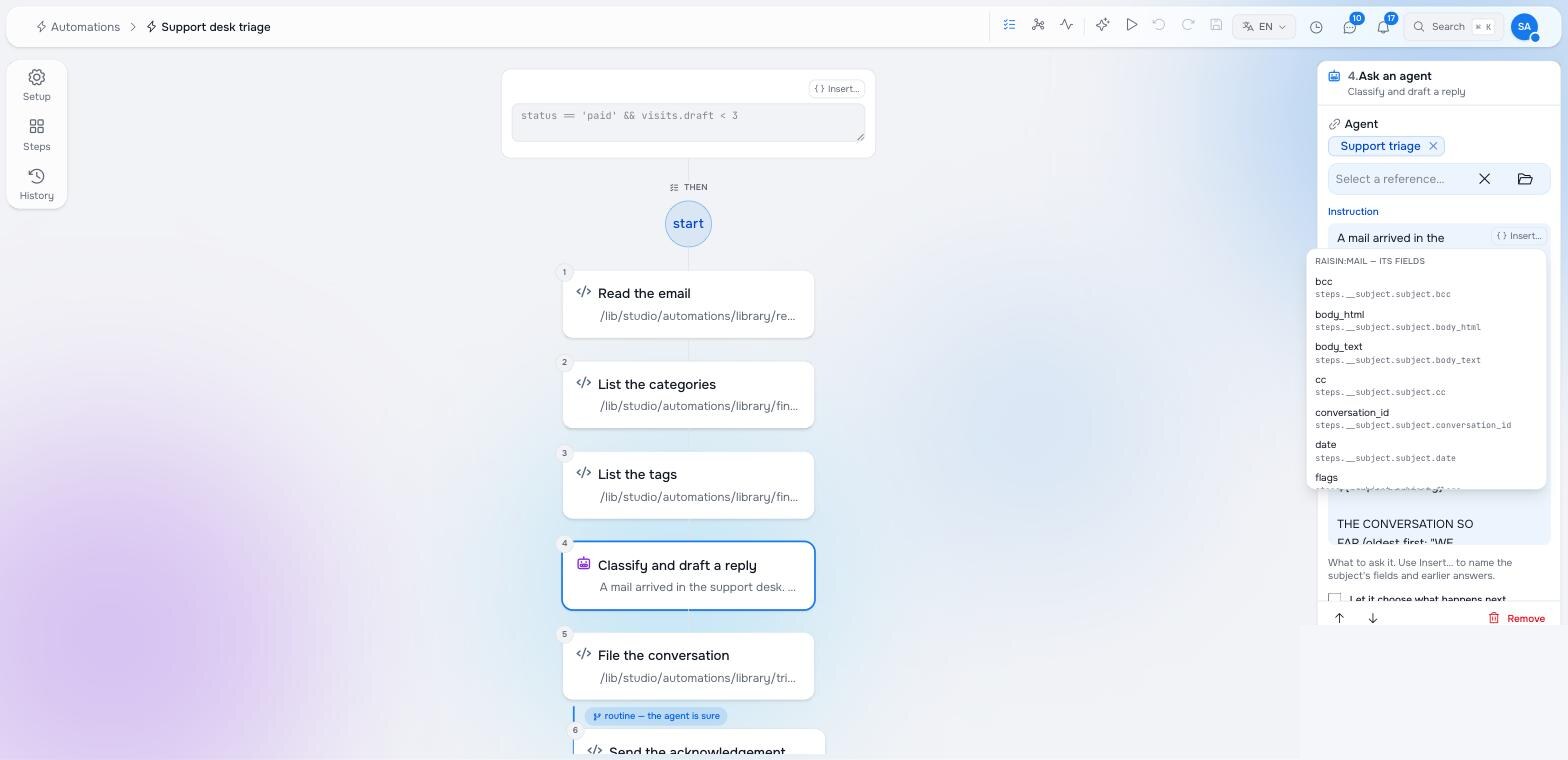 The Insert menu open over an instruction field, listing the mail's fields by name