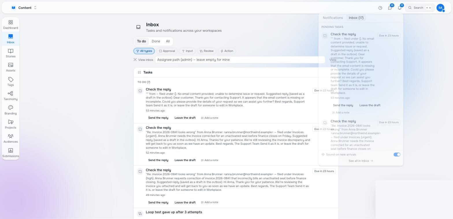 The notification bell open on its Inbox tab, showing pending tasks with their action buttons