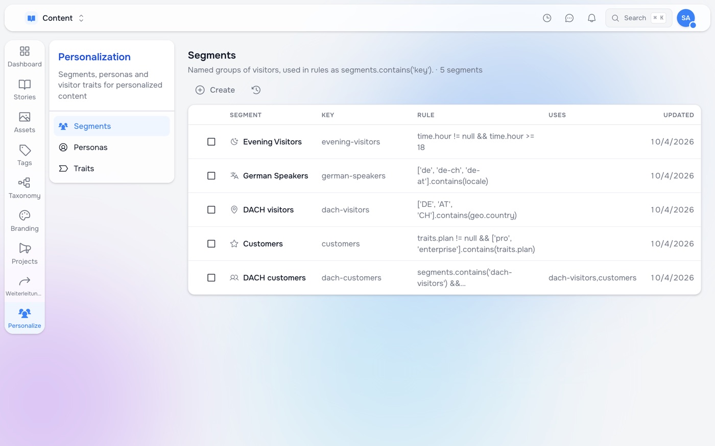 The Personalization app: navigation for Segments, Personas and Traits, and a list of segments with their keys and rules, including DACH customers built from two other segments