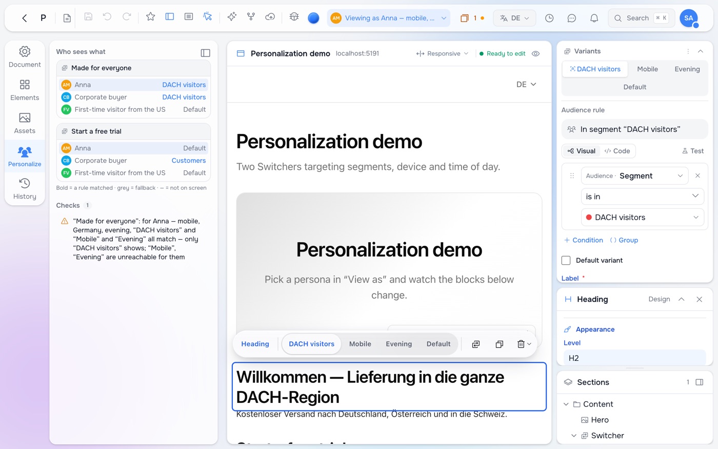 The Personalize panel: under 'Who sees what', a card per Switcher listing which variant Anna, the corporate buyer and the first-time visitor each get, and a check warning that for Anna the DACH visitors, Mobile and Evening variants all match so only DACH visitors shows