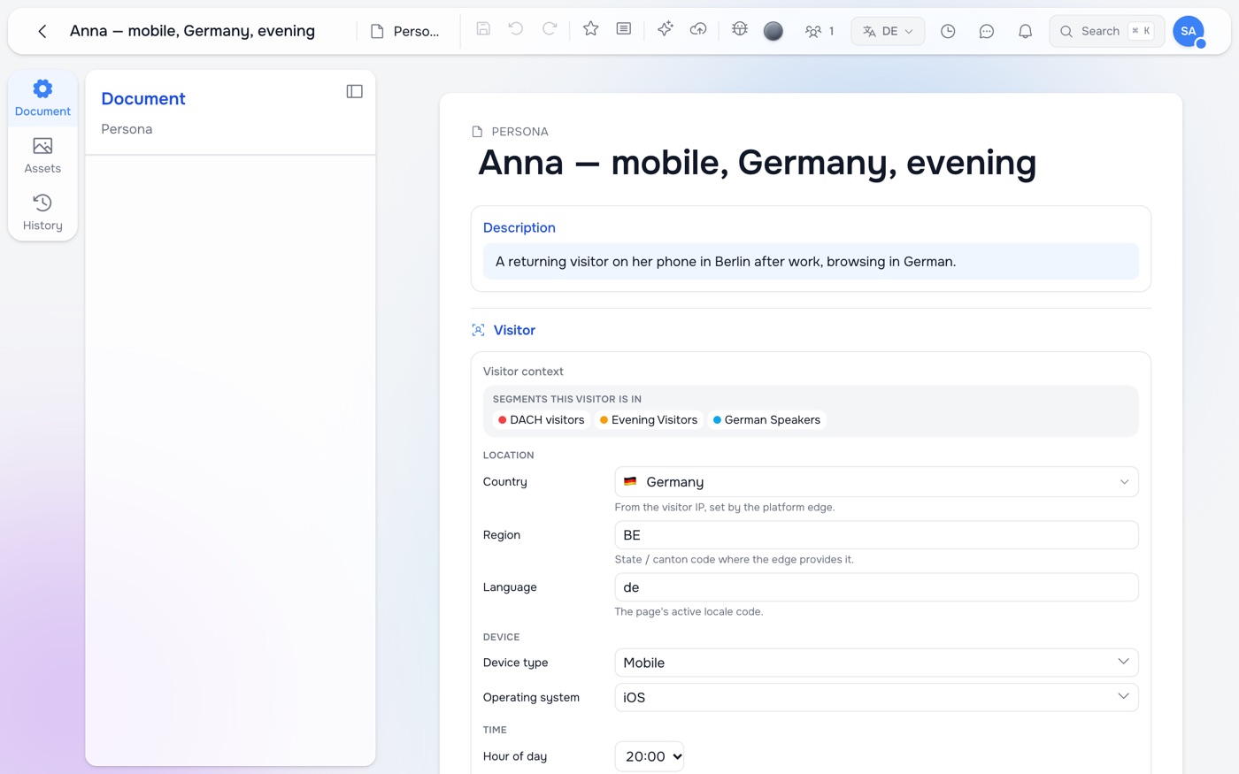 A persona 'Anna — mobile, Germany, evening' in the editor: segments this visitor is in (DACH visitors, Evening Visitors, German Speakers) and fields for country, region, language, device type, operating system and hour of day