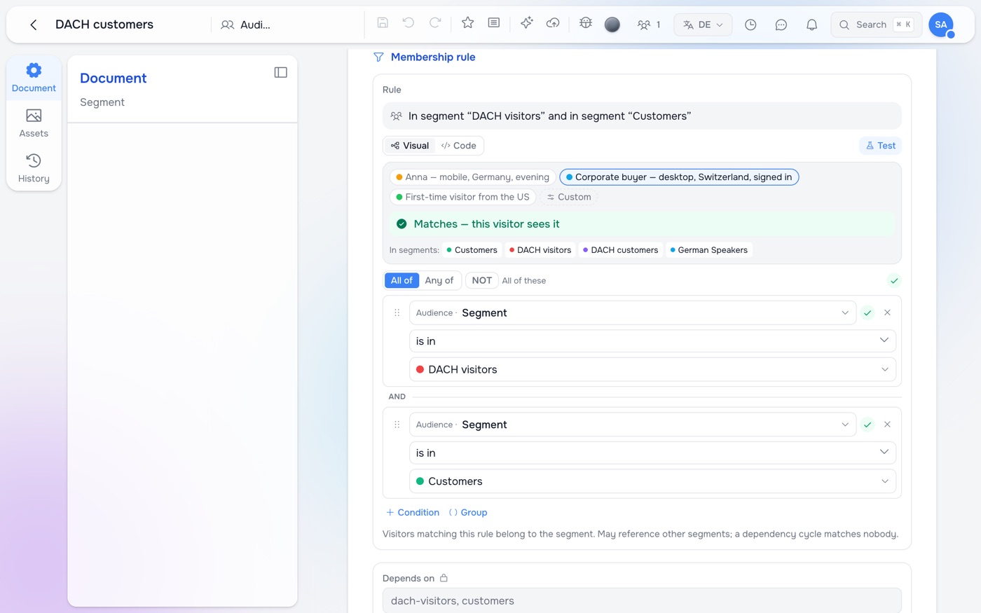 The rule builder's Test panel: the persona 'Corporate buyer — desktop, Switzerland, signed in' is selected, a green 'Matches — this visitor sees it' verdict, the segments the persona is in, and a green tick beside each condition