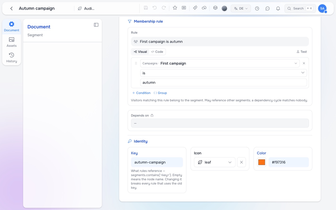 The segment 'Autumn campaign': its membership rule reads 'First campaign is autumn', built in the rule builder from the Campaigns · First campaign signal, the operator is and the value autumn