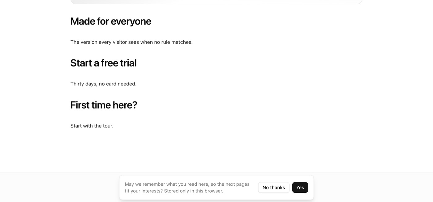 The demo page for a first-time visitor: the third block reads 'First time here? Start with the tour.' and a prompt at the bottom asks 'May we remember what you read here, so the next pages fit your interests? Stored only in this browser.' with the buttons No thanks and Yes