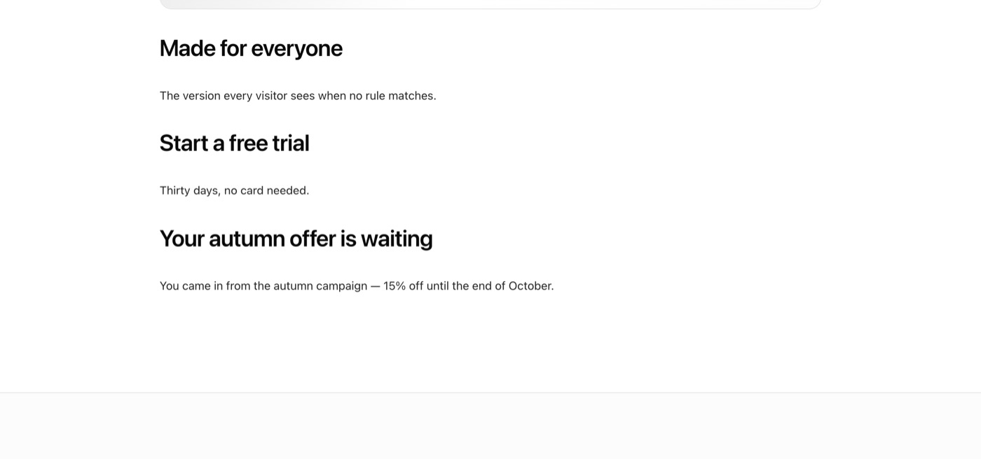The same page after arriving from the autumn campaign: the third block now reads 'Your autumn offer is waiting — You came in from the autumn campaign, 15% off until the end of October.'