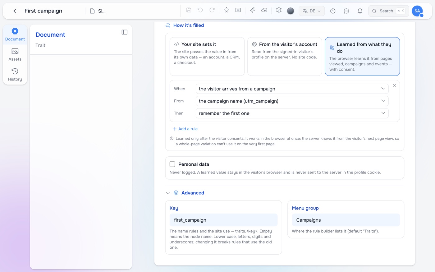 The trait 'First campaign' in Studio: under How it's filled, 'Learned from what they do' is selected, with one rule — When the visitor arrives from a campaign, From the campaign name (utm_campaign), Then remember the first one — and below it the Personal data checkbox and the Advanced section with the key first_campaign