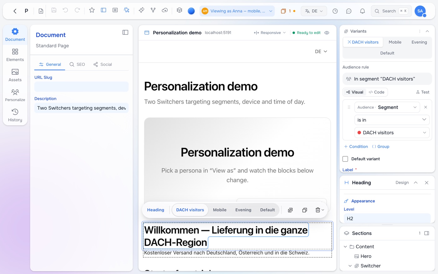 A heading inside the DACH visitors variant selected on the page; the design panel shows the Switcher's variant tabs (DACH visitors, Mobile, Evening, Default) and the variant's audience rule in the rule builder