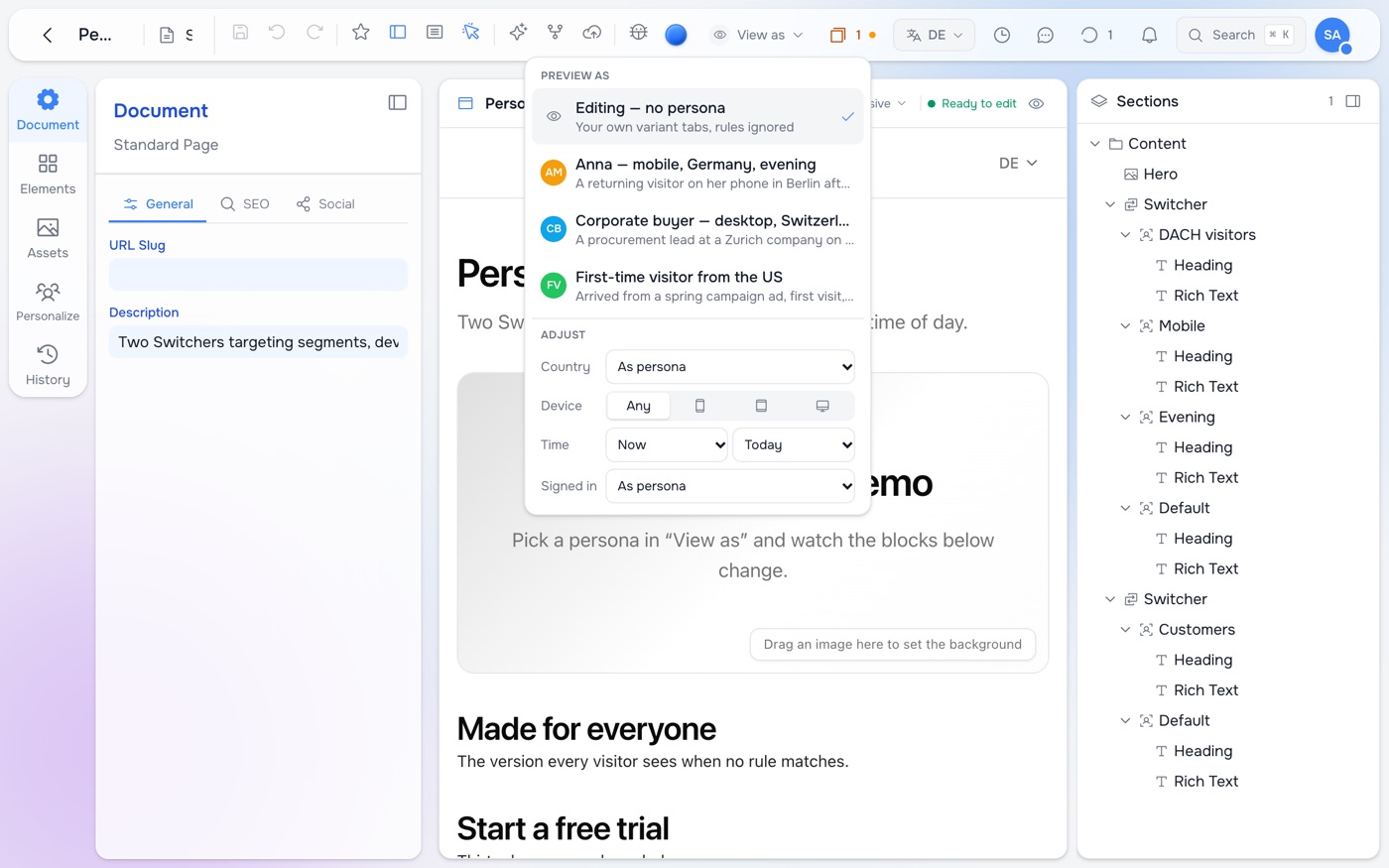 The View as menu in the editor's top bar: Editing — no persona, three personas with avatars and descriptions, and an Adjust section with country, device, time and signed-in controls