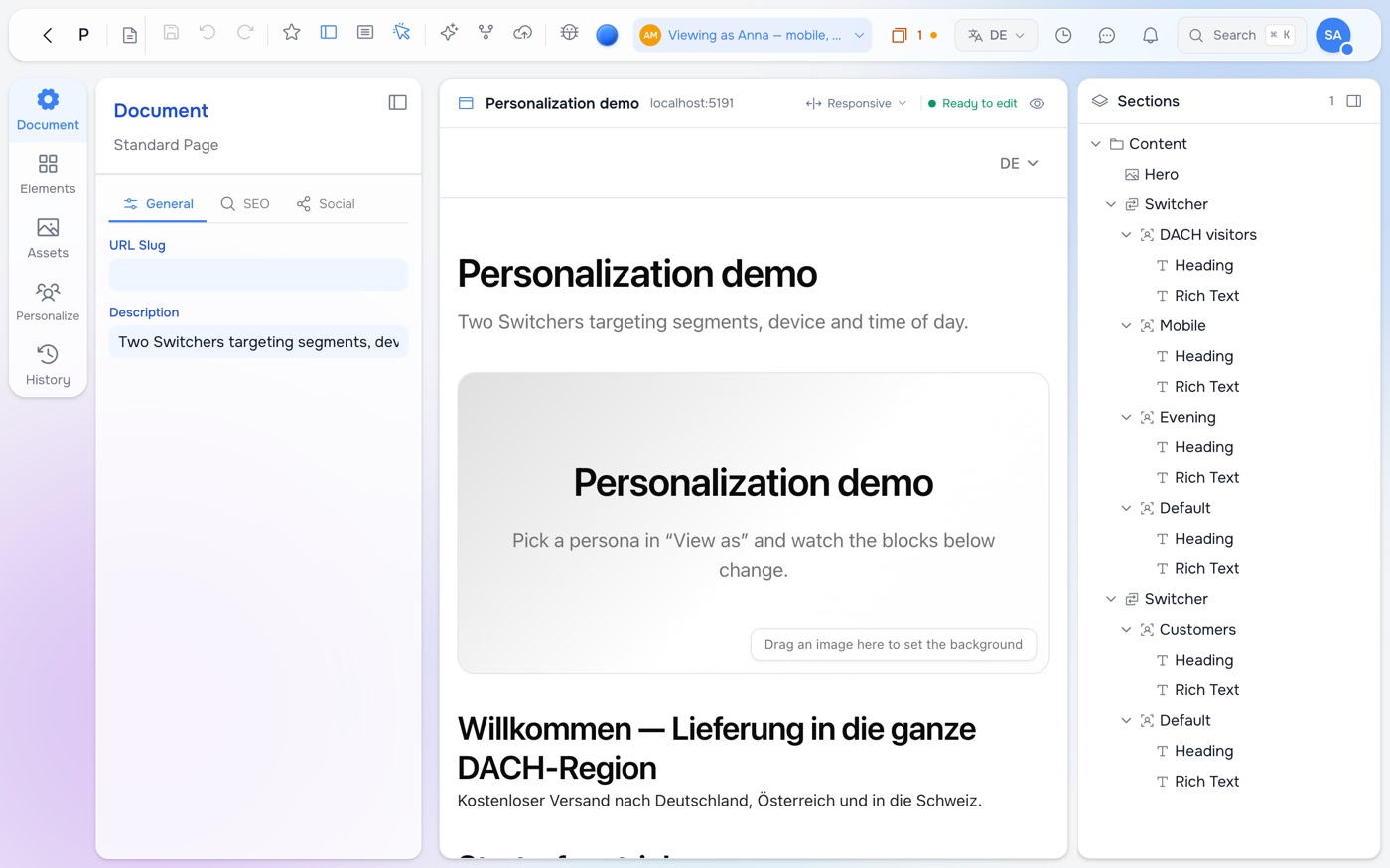 The editor viewing the demo page as Anna: the live page shows the German-language variant 'Willkommen — Lieferung in die ganze DACH-Region'