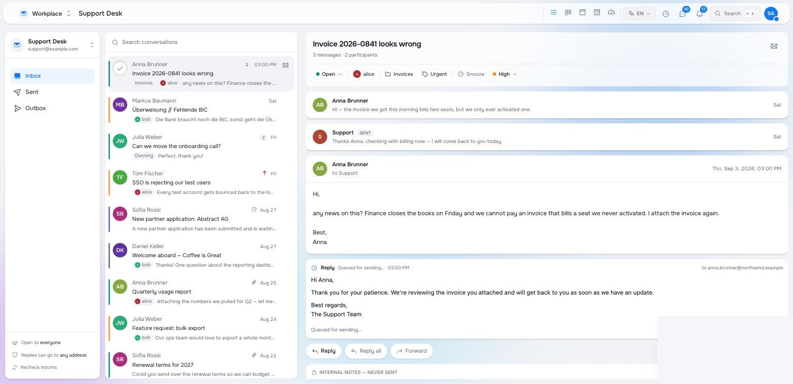 The Workplace reader showing the conversation with the automation's reply queued for sending under the last message