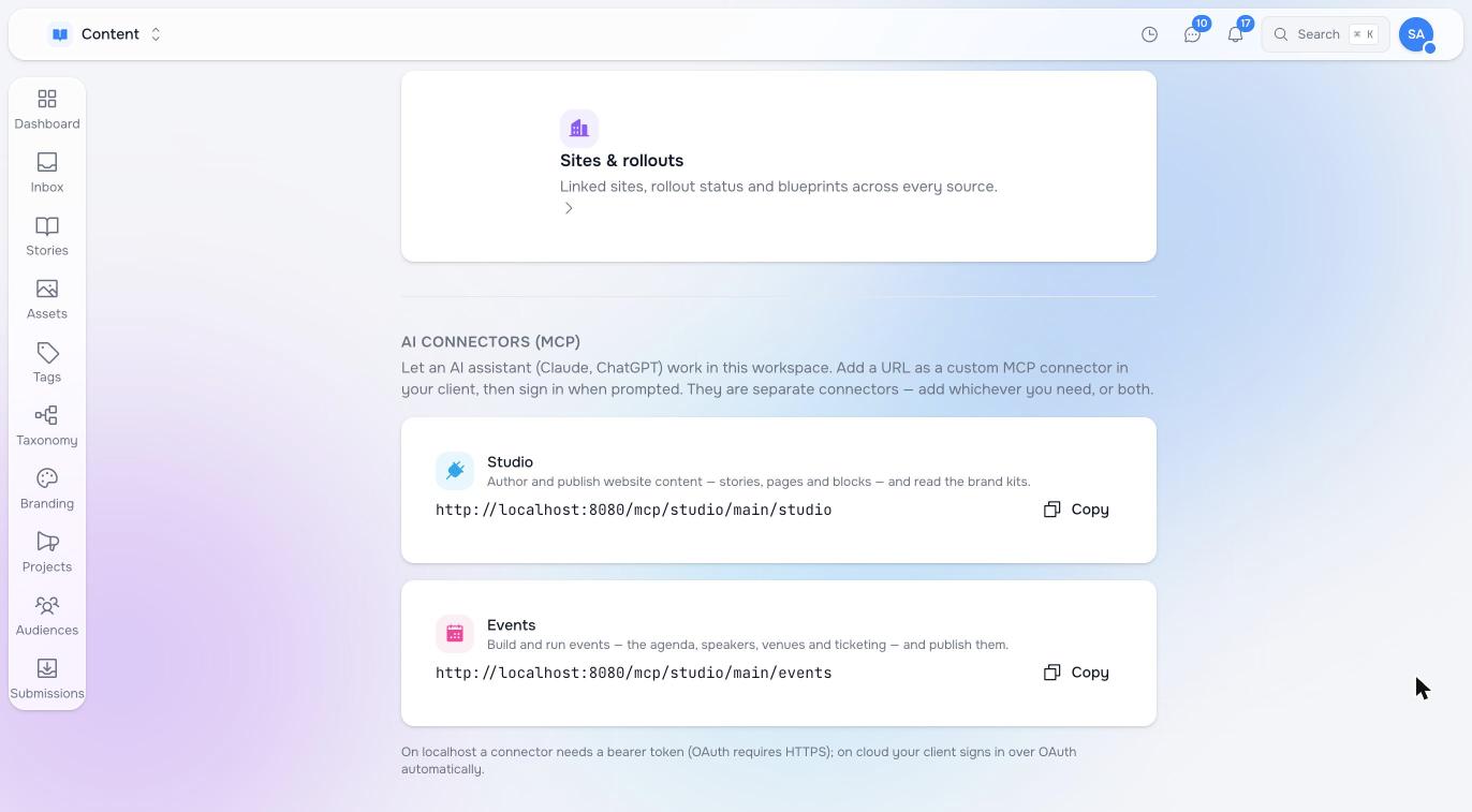 The AI connectors section at the bottom of Studio's Settings page, with the Studio and Events connector URLs and Copy buttons