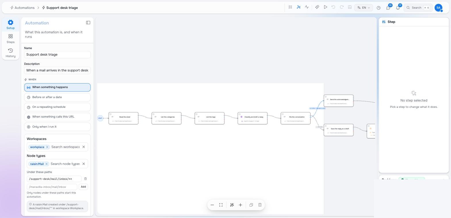 The Setup panel with the trigger kind, workspace, node types and path filter
