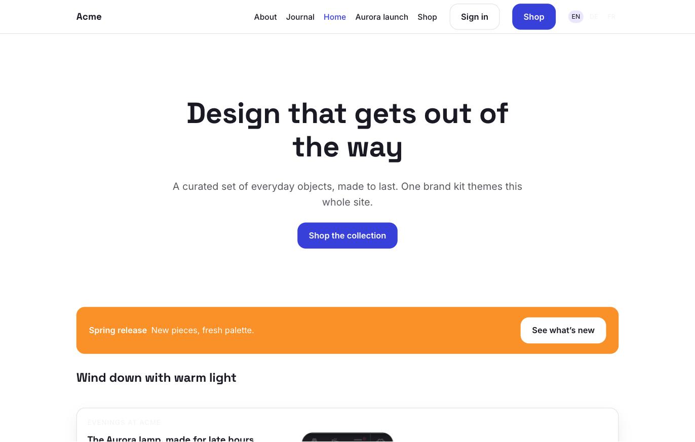 The Acme example site: a hero, a banner and teasers rendered from Studio content with the brand's colours