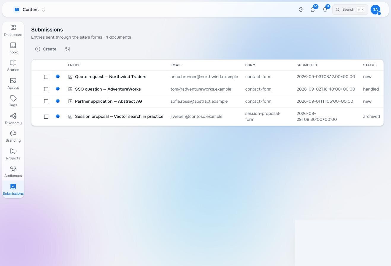 The Submissions app listing entries from the contact form and the session proposal form