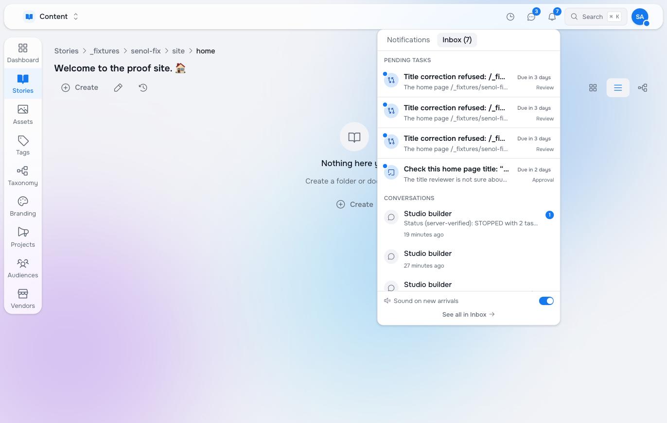 The Studio Inbox listing pending title tasks: three review tasks and one approval task titled Check this home page title
