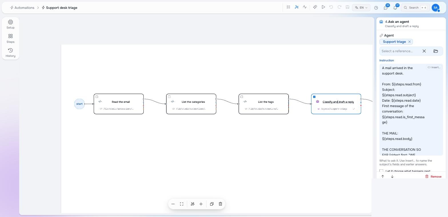 The agent step selected, with the agent picker and the instruction template in the inspector
