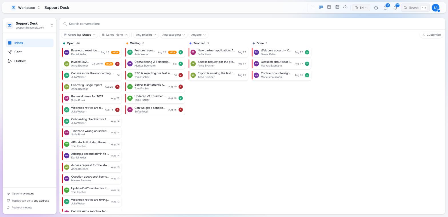 The Workplace board: columns Open, Waiting, Snoozed and Done, with a filter bar above