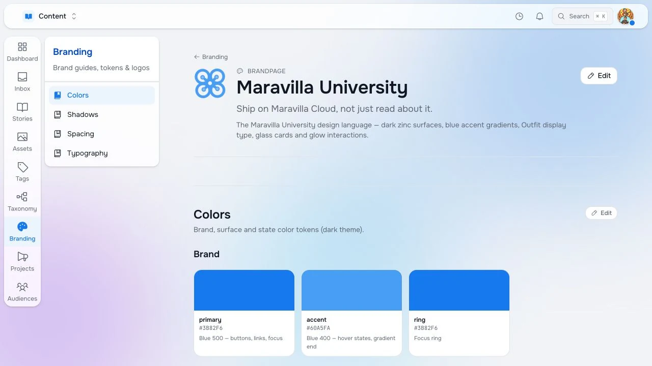 Studio branding workspace showing color tokens for Maravilla University