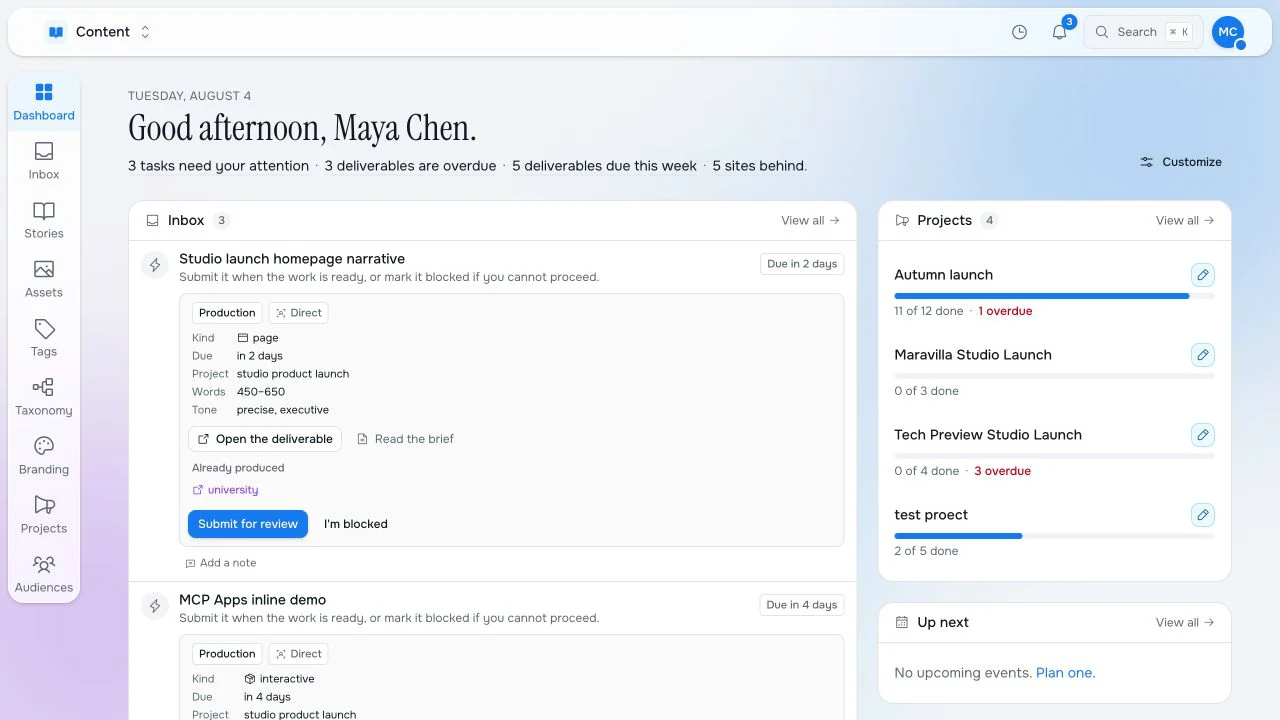 Maravilla Studio dashboard with actionable inbox tasks, project progress and Studio launch work