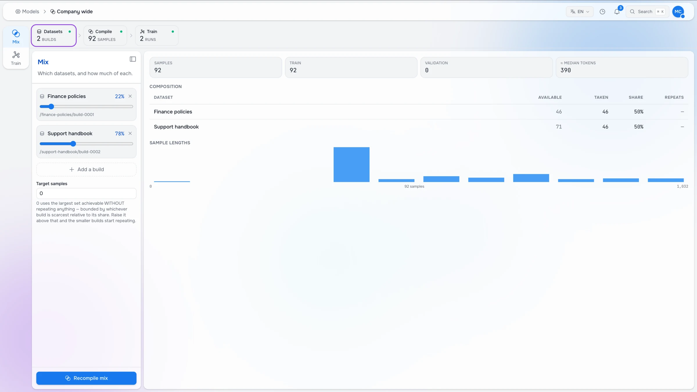 Studio model data labeling mix screen blending two dataset builds into 92 training samples