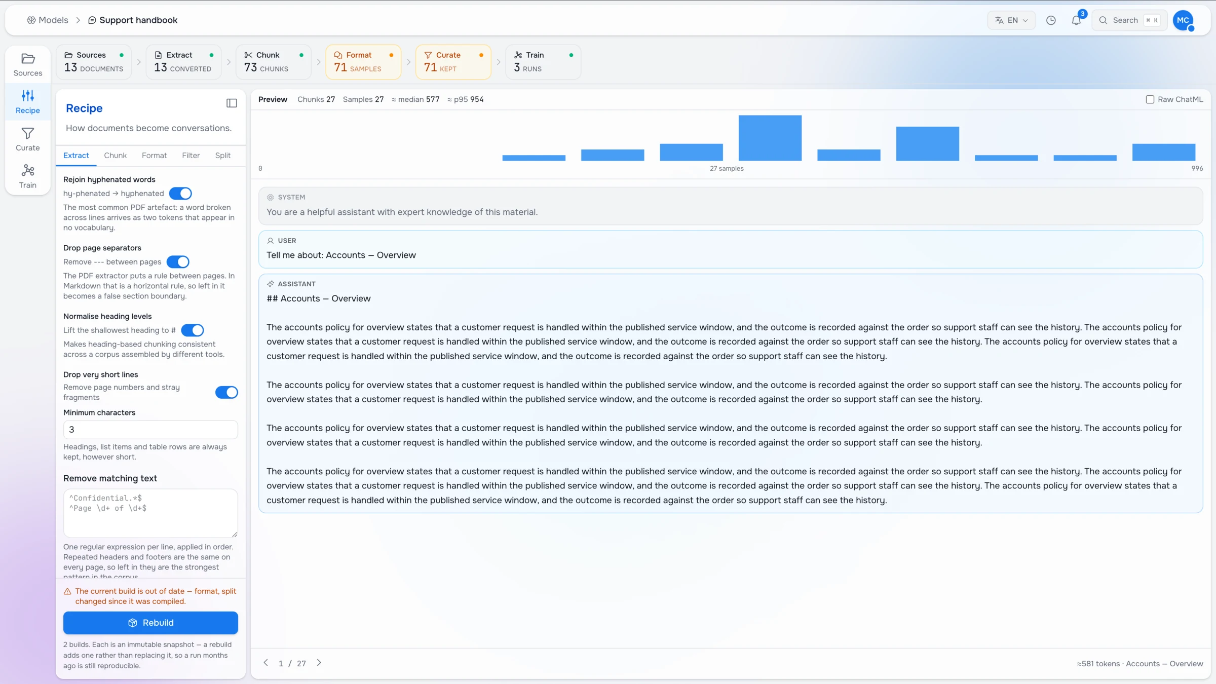 Studio model data labeling recipe for the Support handbook dataset, with extraction rules beside a ChatML sample preview
