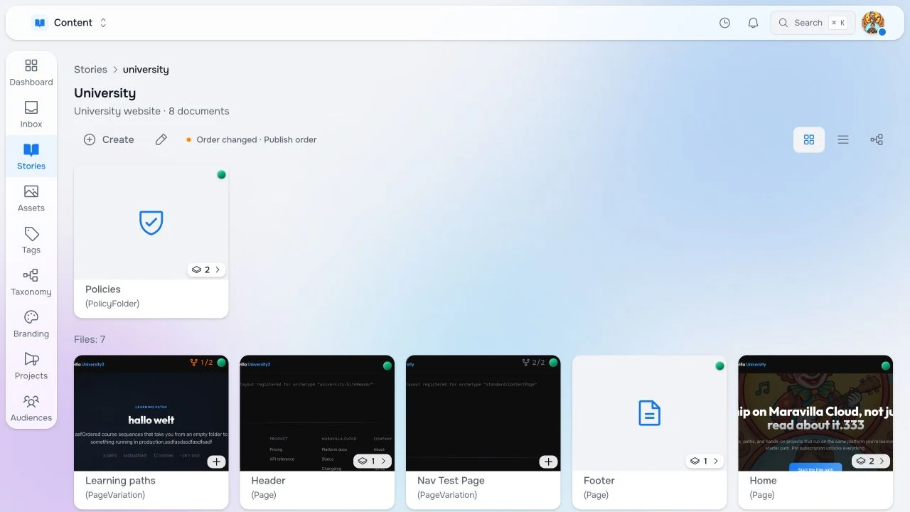University story workspace with page cards and publish state